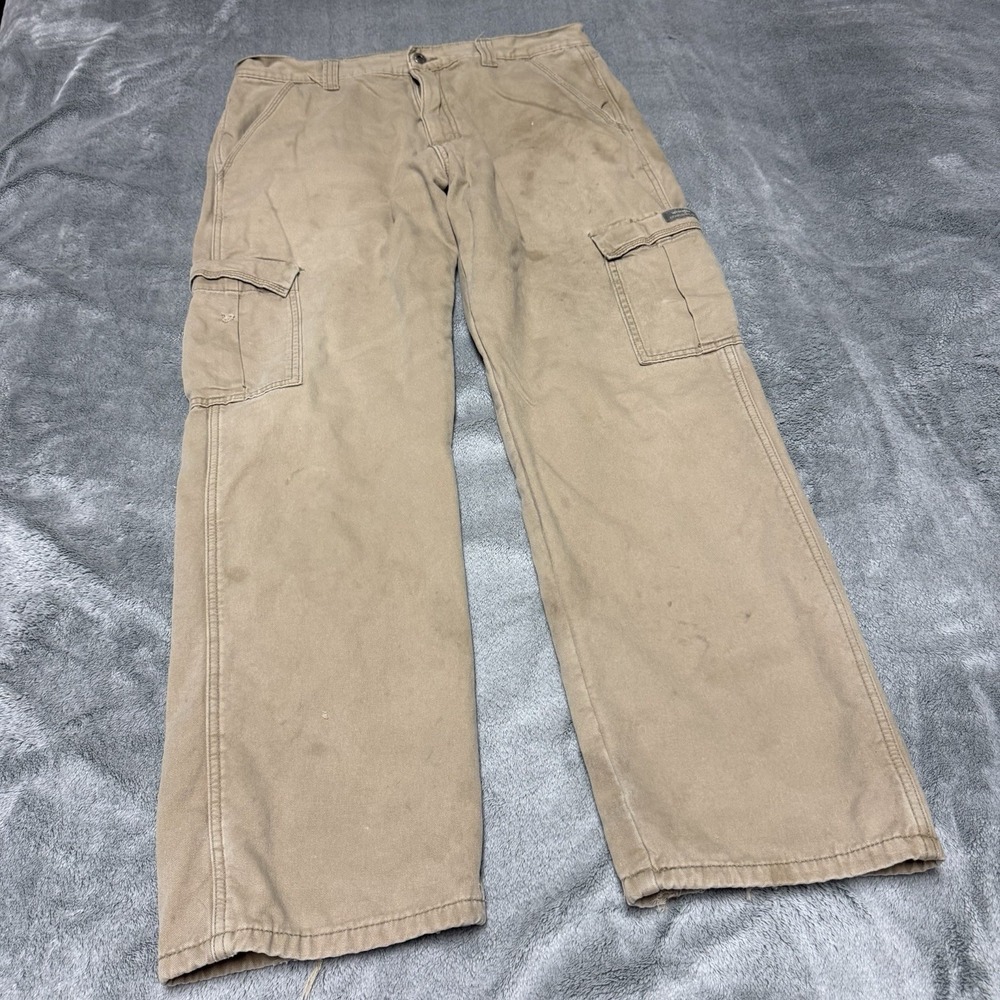 Wrangler Relaxed Fit Fleece Lined Cargo Pants Men 34x30 Tan Distressed Gorpcore